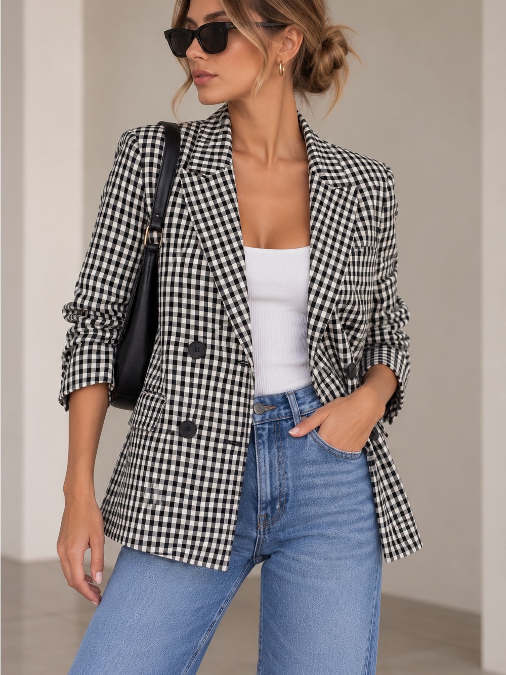Lulu & Rose Gingham Double Breasted Blazer Black White Size Large